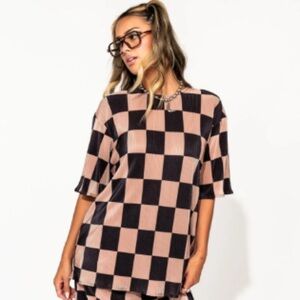 Top - Dressed in LaLa Grunge Girl Plisse Top in Black + Chai Checkerboard